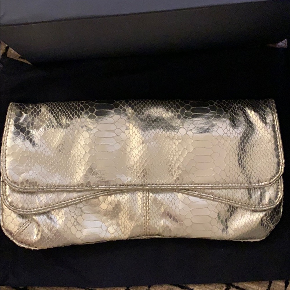 NWOT Nine West double-flap silver reptile clutch